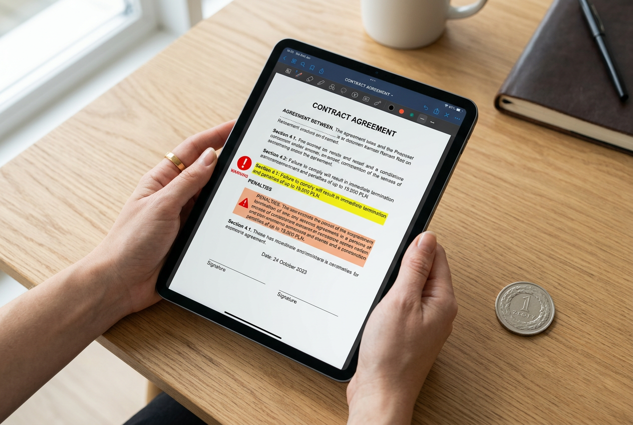 A close-up of a person using a tablet to read a casino's terms and conditions document.