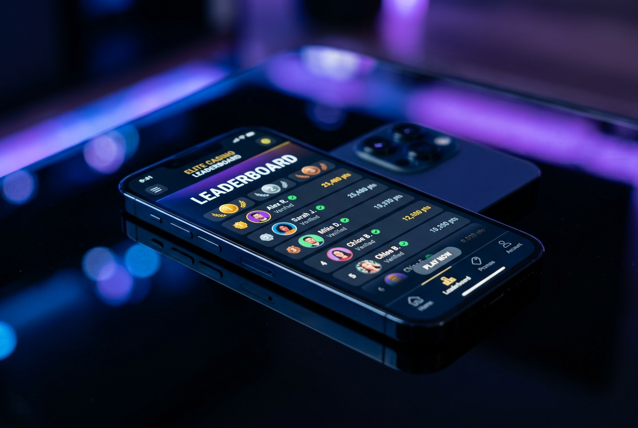 A sleek smartphone screen displaying a top-rated casino leaderboard with checkmarks.