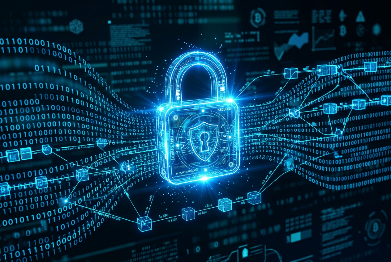 Grafika przedstawiająca cyfrową kłódkę na tle danych blockchain, symbolizująca bezpieczeństwo kasyn online.