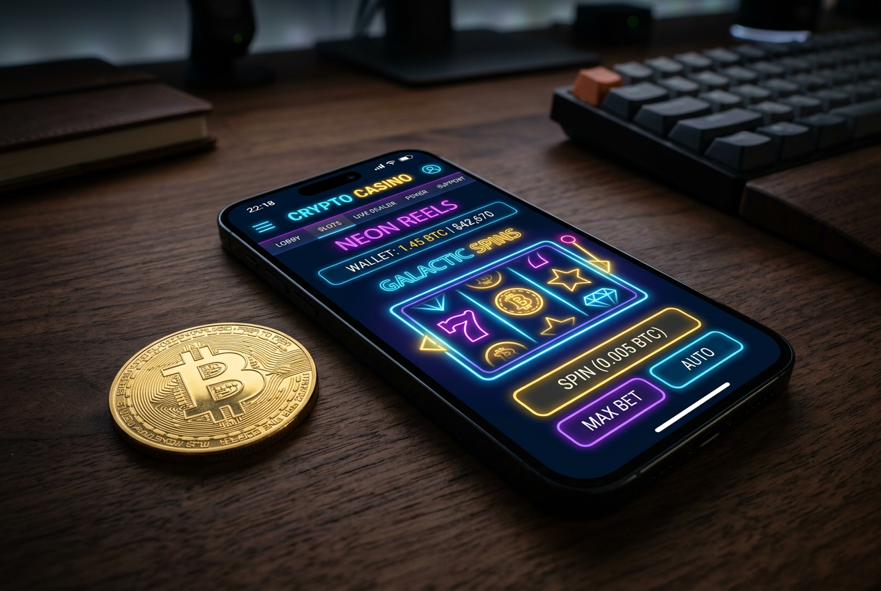 Smartfon z aplikacją kasyna kryptowalutowego leżący na biurku obok fizycznej monety Bitcoin.
