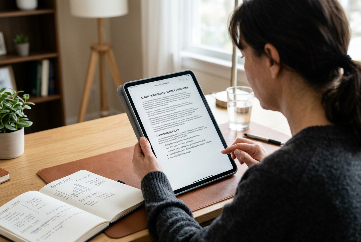 A person reviewing the terms and conditions on a digital tablet screen.