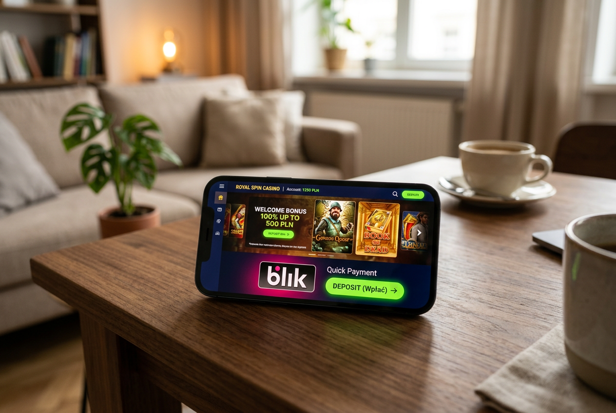 A smartphone showing a casino application with the BLIK payment option selected.