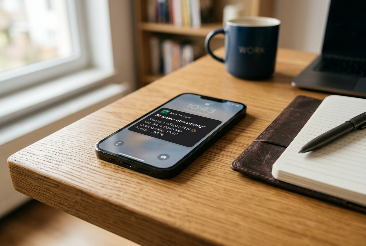 A high-end smartphone on a desk showing a successful transfer notification in Polish.