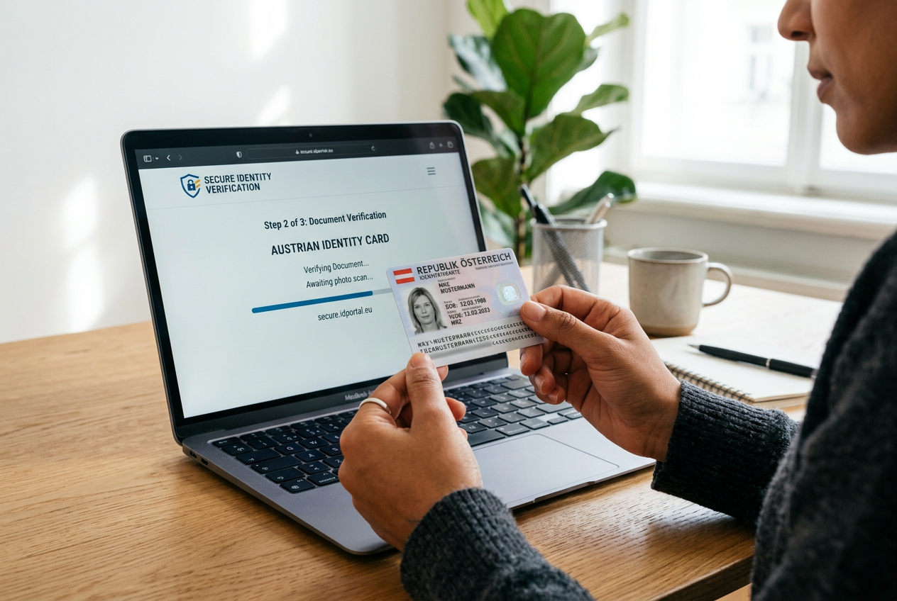 A person holding an ID card next to a laptop screen for a secure digital identity verification process.